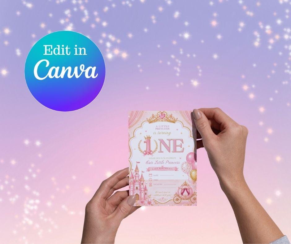 Princess 1st Birthday, Pink Princess, Editable Canva Digital Invite,