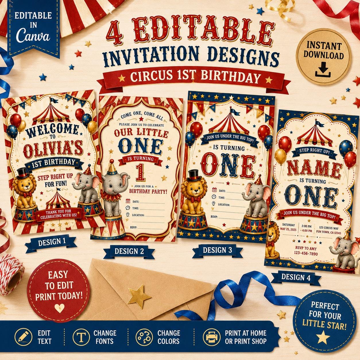 Circus 1st Birthday Invitation Template | Vintage Carnival Party Invite (Digital Download)