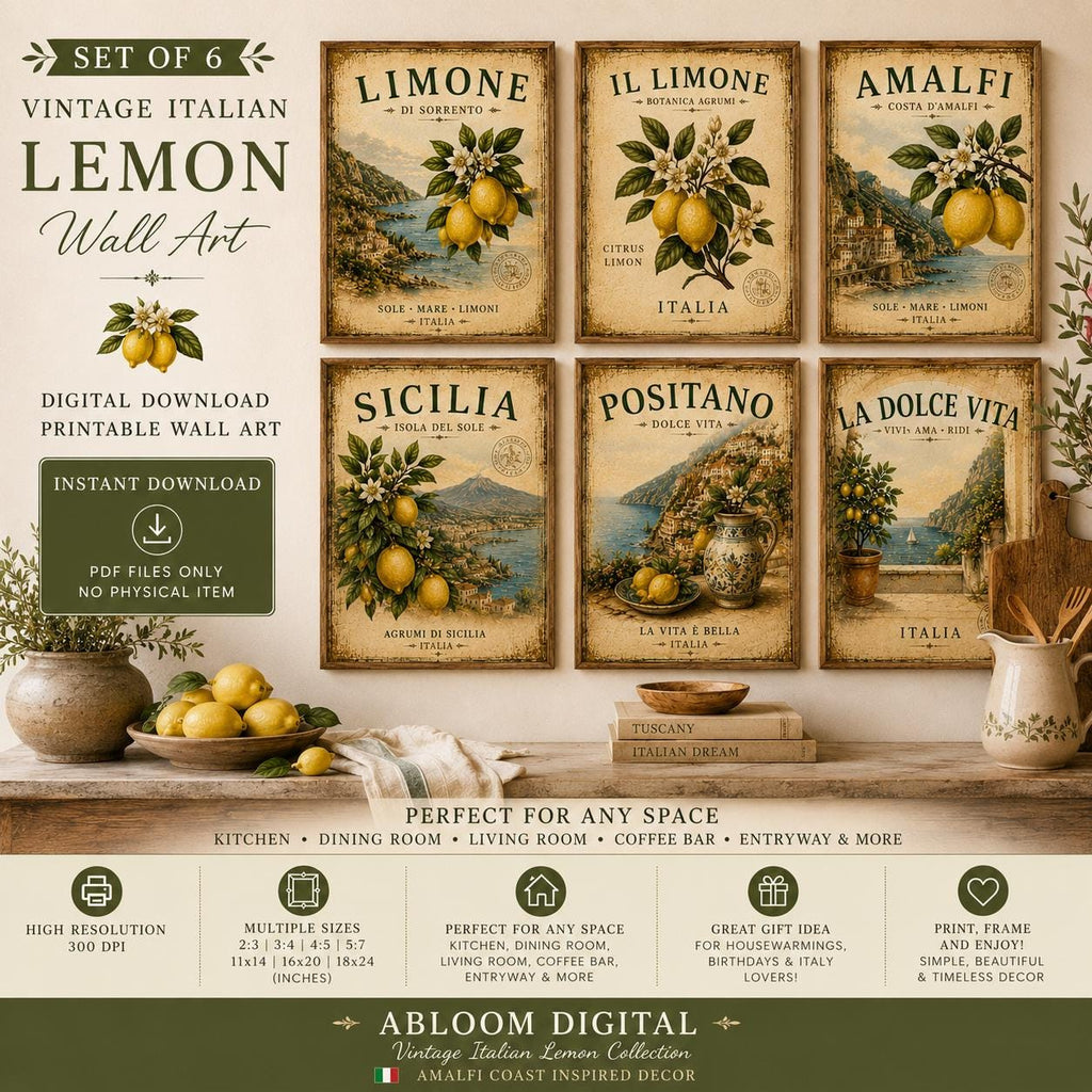 Set of 6 Vintage Italian Lemon Prints, Amalfi Coast Mediterranean Decor (Digital Download)
