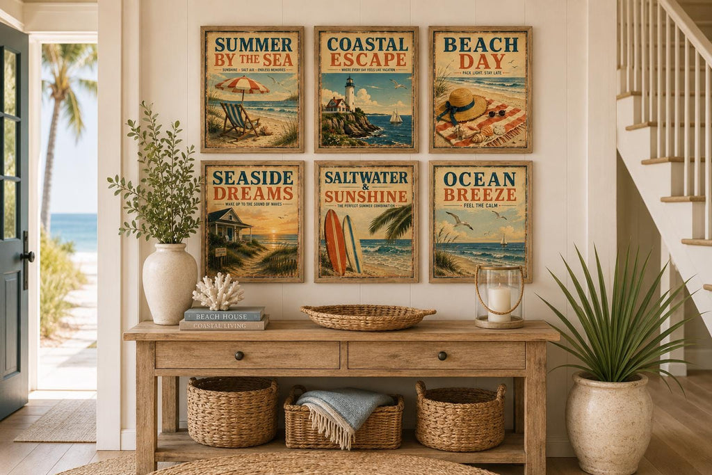 Set of 6 Vintage Beach Posters, Coastal Retro Summer Wall Art (Instant Download)