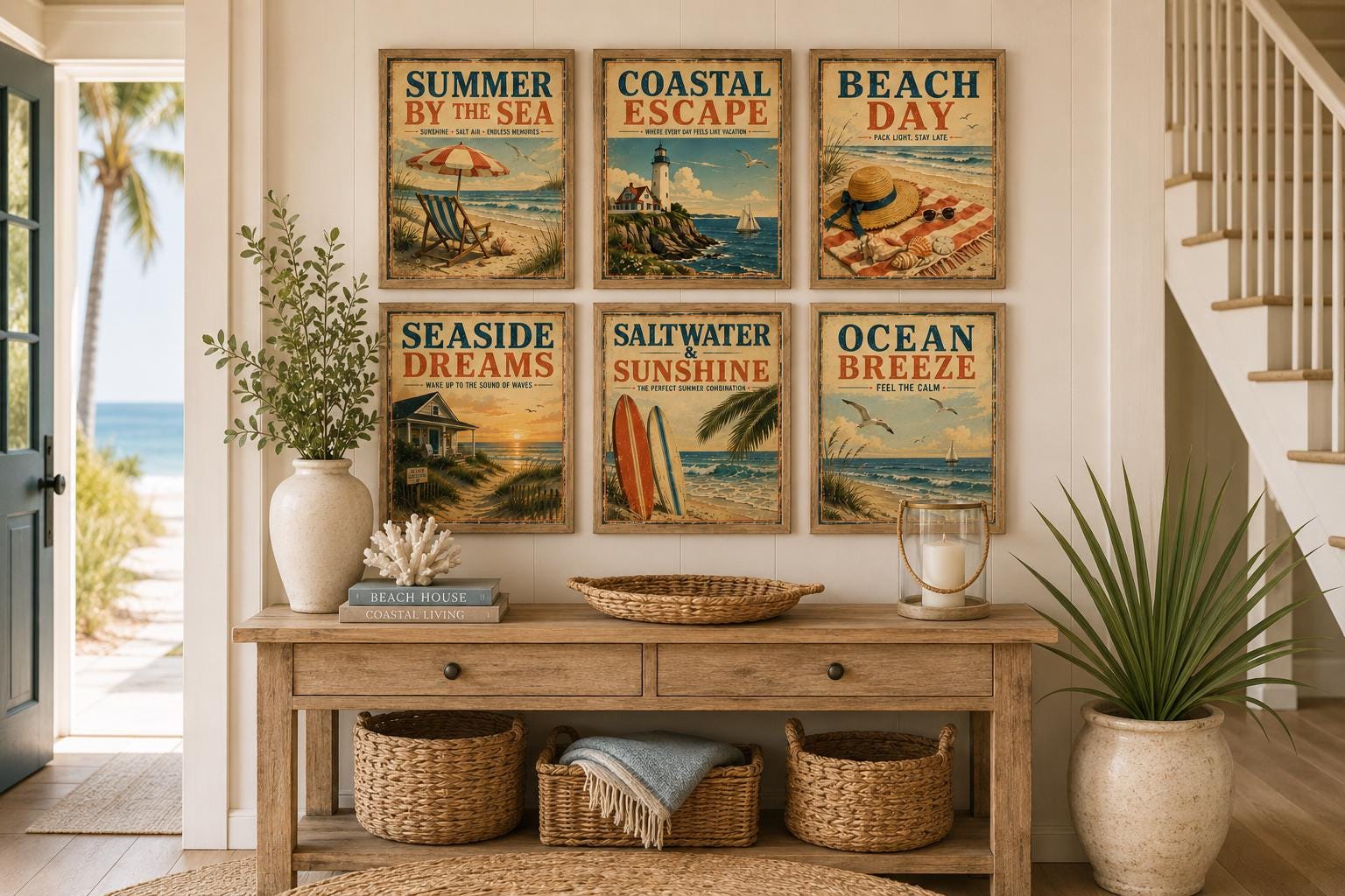 Set of 6 Vintage Beach Posters, Coastal Retro Summer Wall Art (Instant Download)