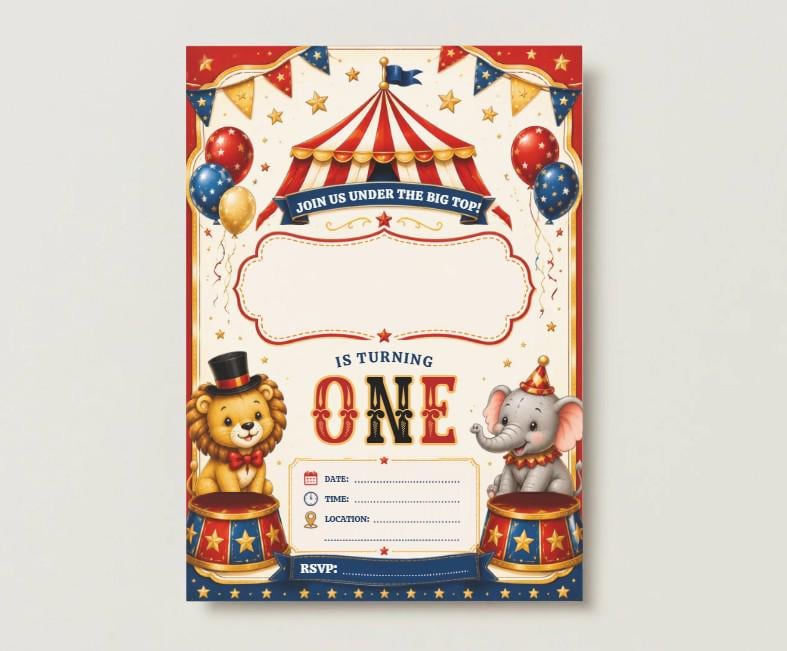 Circus 1st Birthday Invitation Template | Vintage Carnival Party Invite (Digital Download)