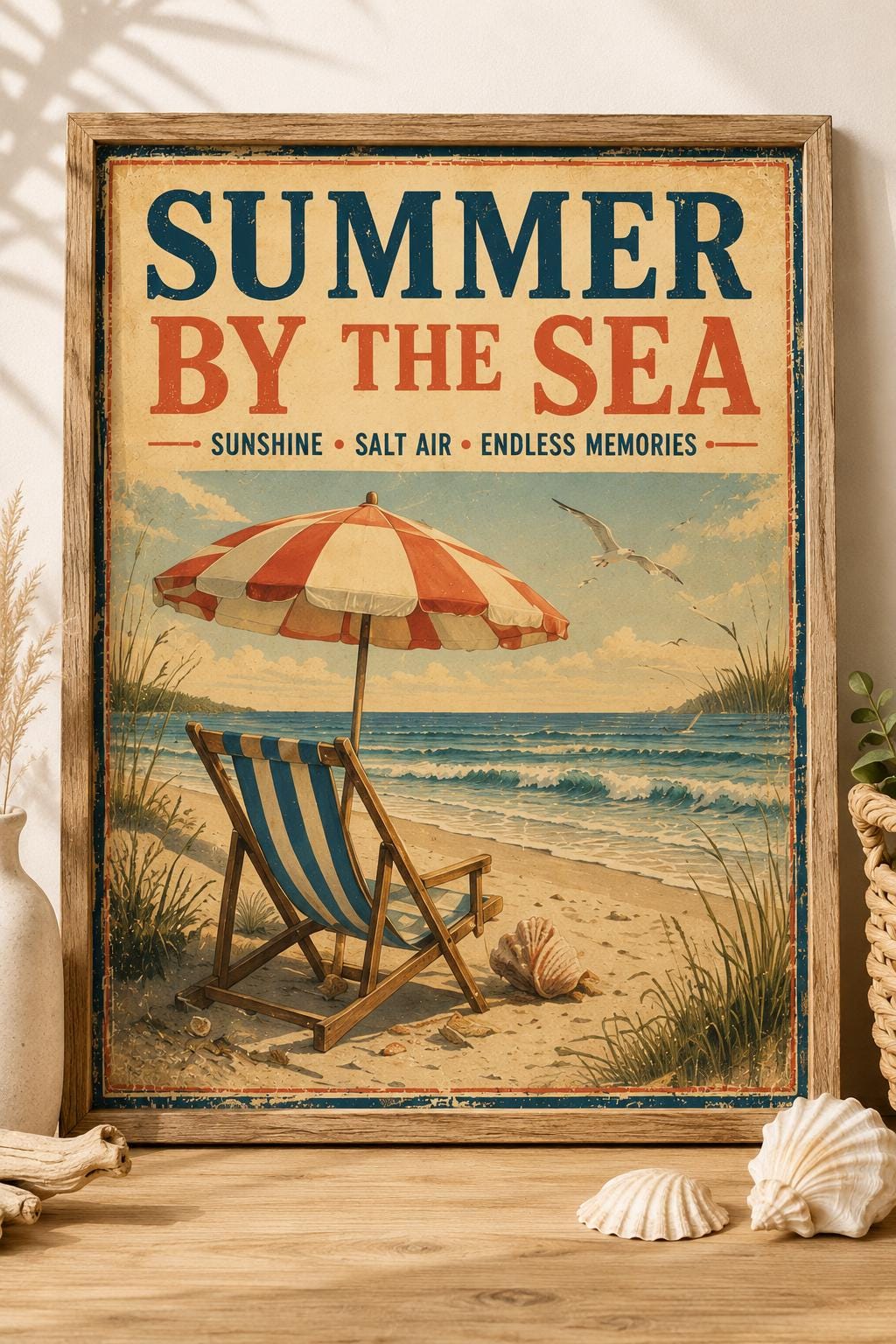 Set of 6 Vintage Beach Posters, Coastal Retro Summer Wall Art (Instant Download)