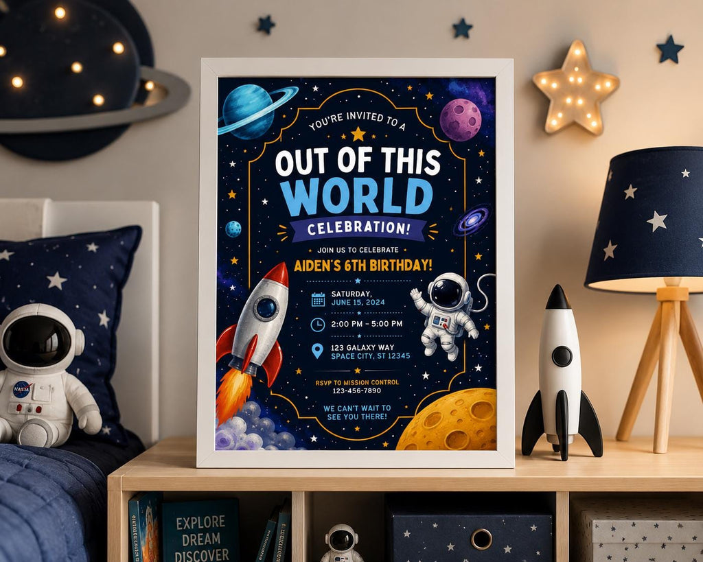 Space Birthday Invitation, Editable Canva Template, Rocket Astronaut Party Invite (5x7 Digital Download)