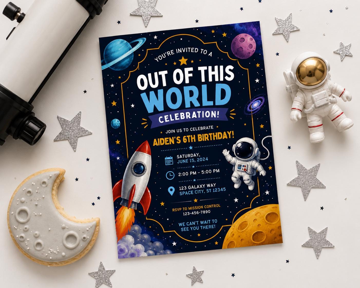Space Birthday Invitation, Editable Canva Template, Rocket Astronaut Party Invite (5x7 Digital Download)