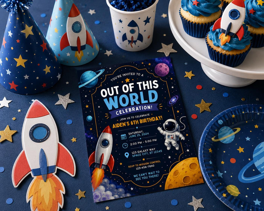 Space Birthday Invitation, Editable Canva Template, Rocket Astronaut Party Invite (5x7 Digital Download)