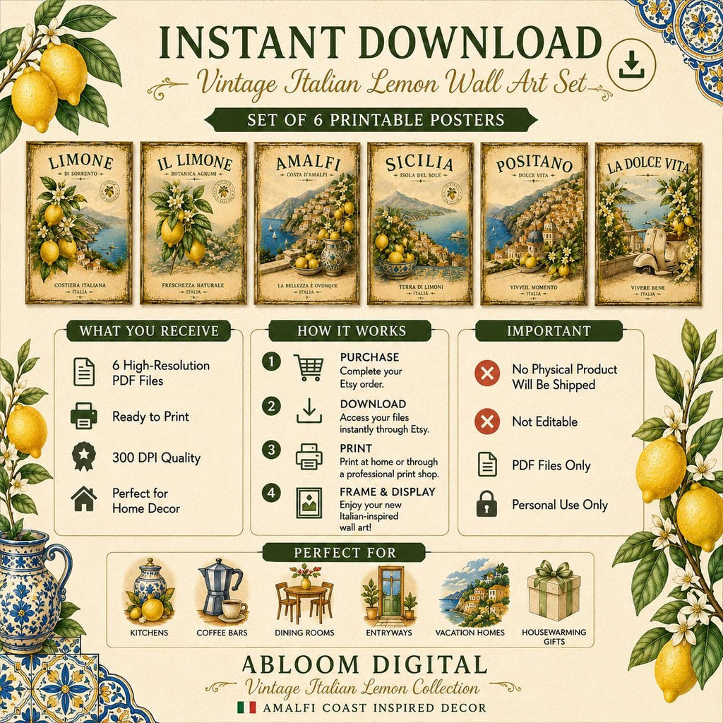 Set of 6 Vintage Italian Lemon Prints, Amalfi Coast Mediterranean Decor (Digital Download)