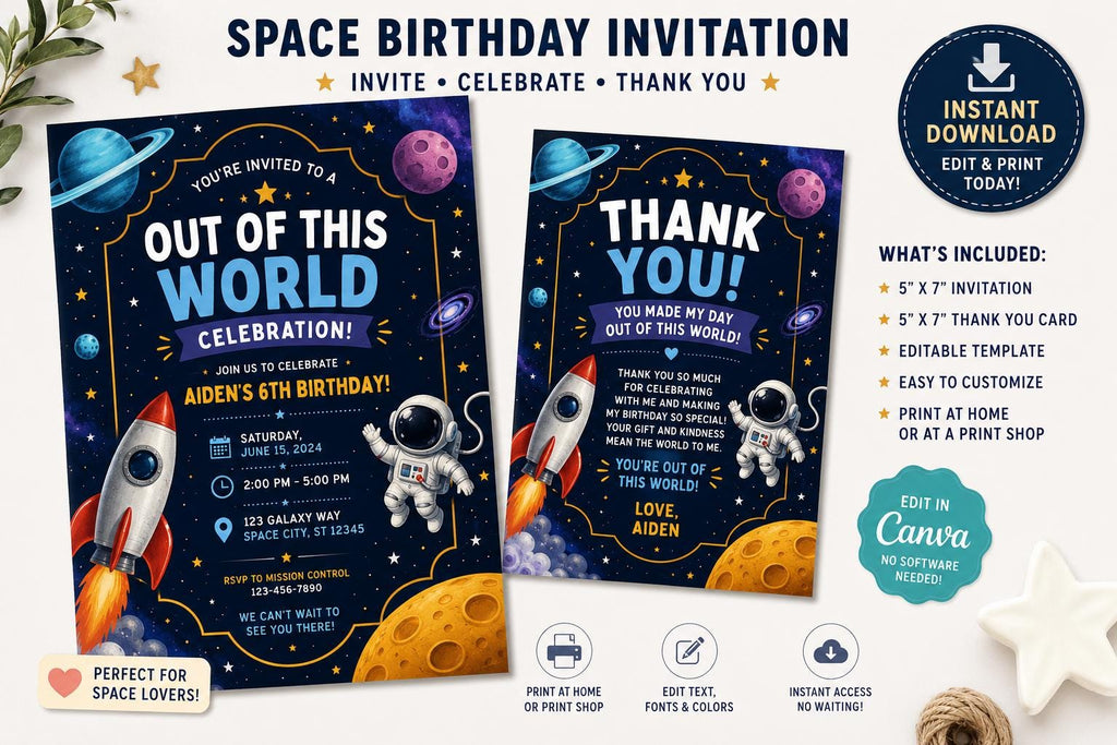 Space Birthday Invitation, Editable Canva Template, Rocket Astronaut Party Invite (5x7 Digital Download)