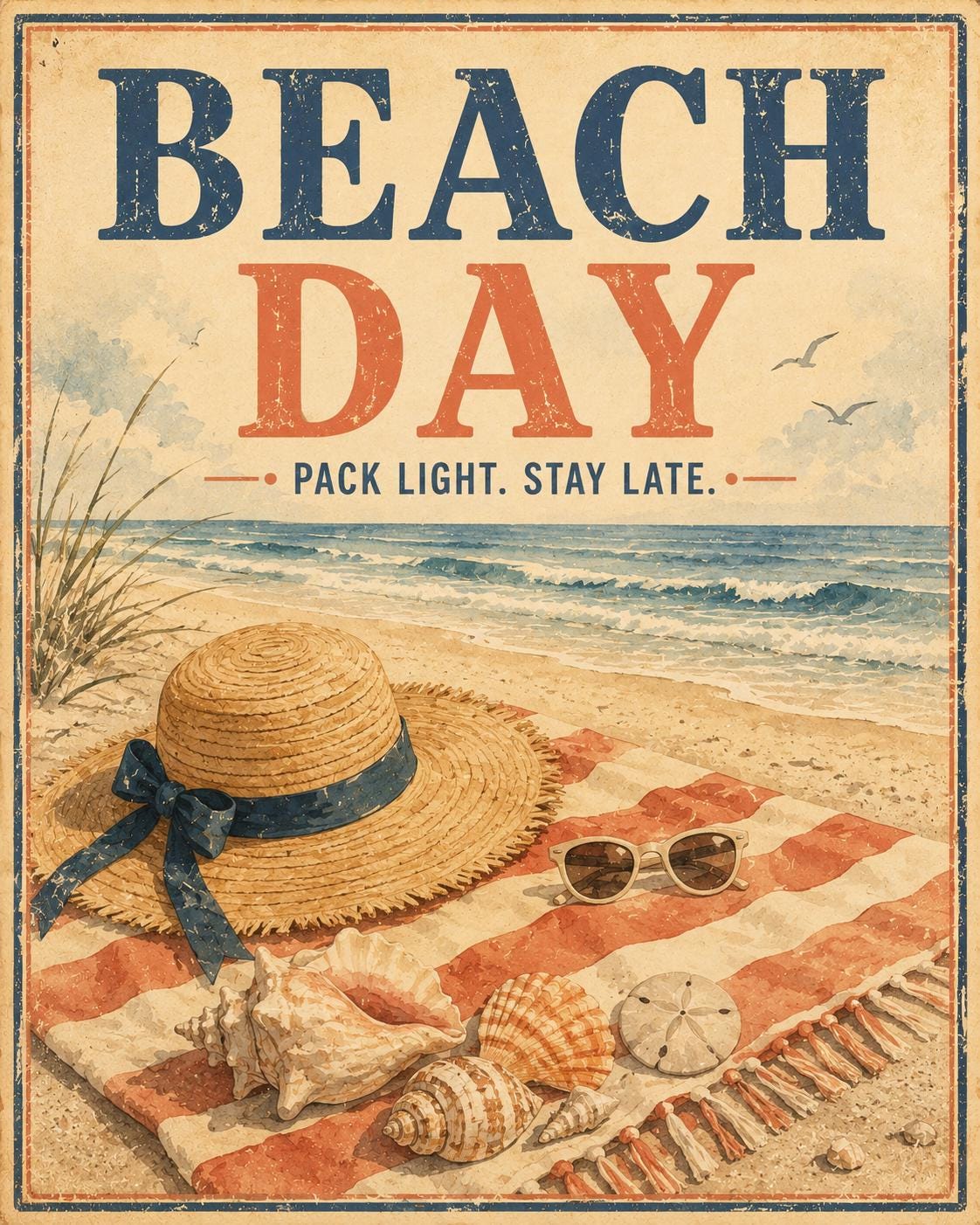 Set of 6 Vintage Beach Posters, Coastal Retro Summer Wall Art (Instant Download)