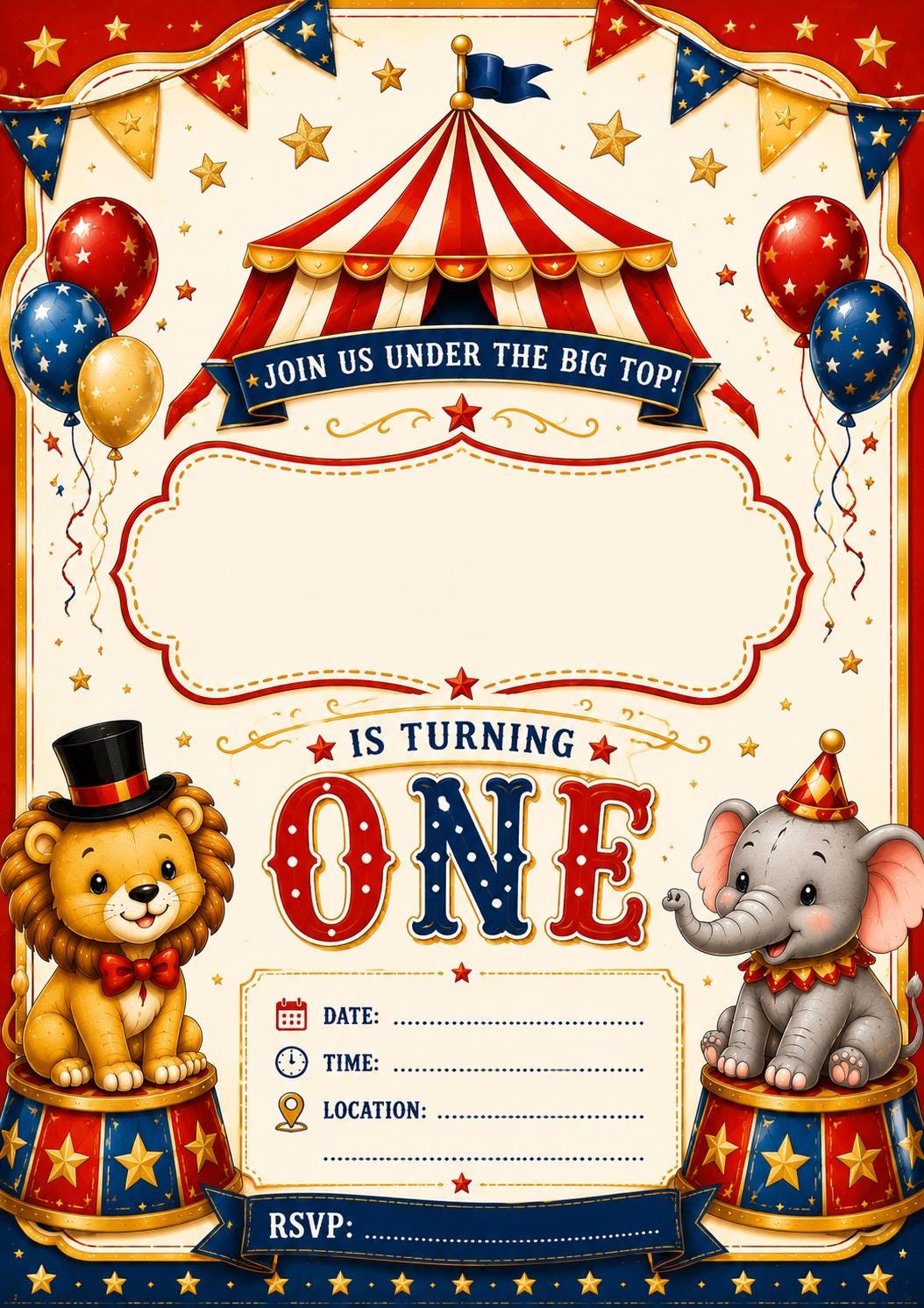 Circus 1st Birthday Invitation Template | Vintage Carnival Party Invite (Digital Download)