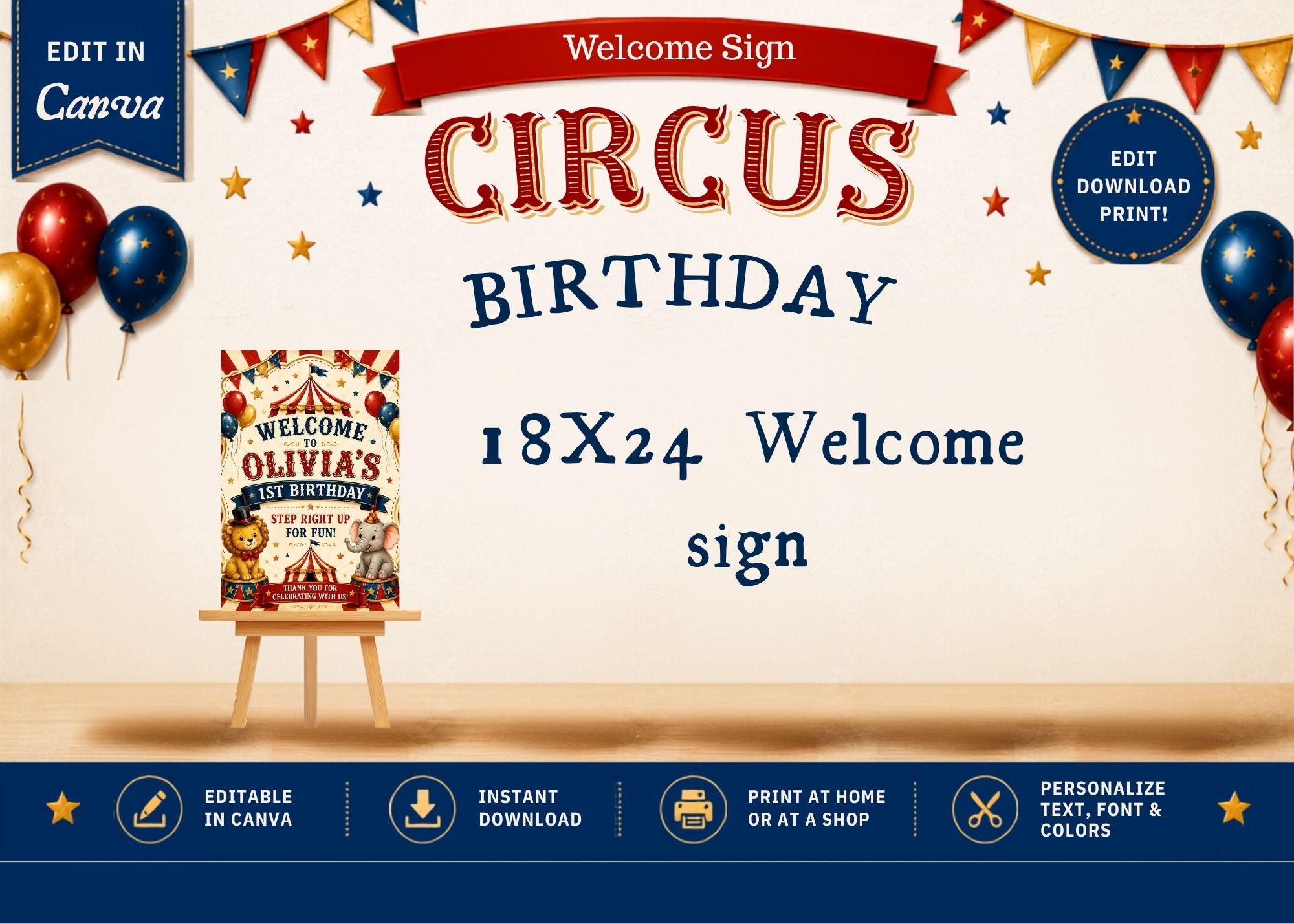 Vintage Circus First Birthday Invitation, Editable Canva Template (Digital Download)