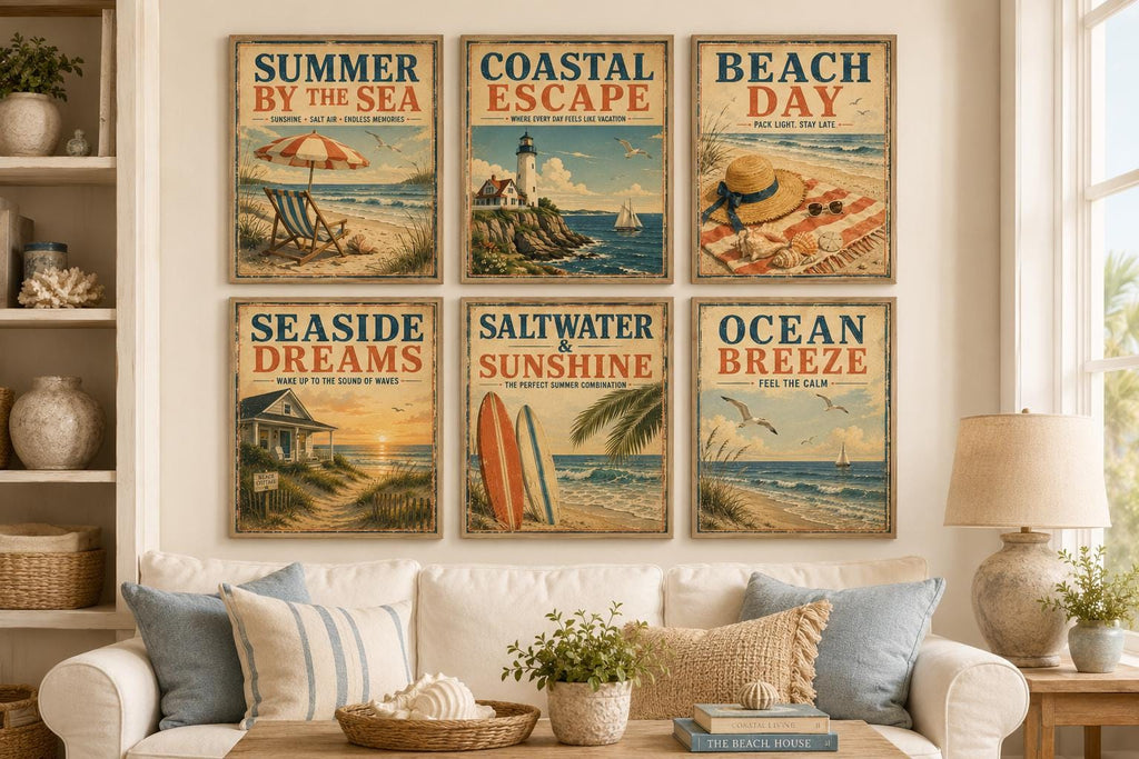 Set of 6 Vintage Beach Posters, Coastal Retro Summer Wall Art (Instant Download)