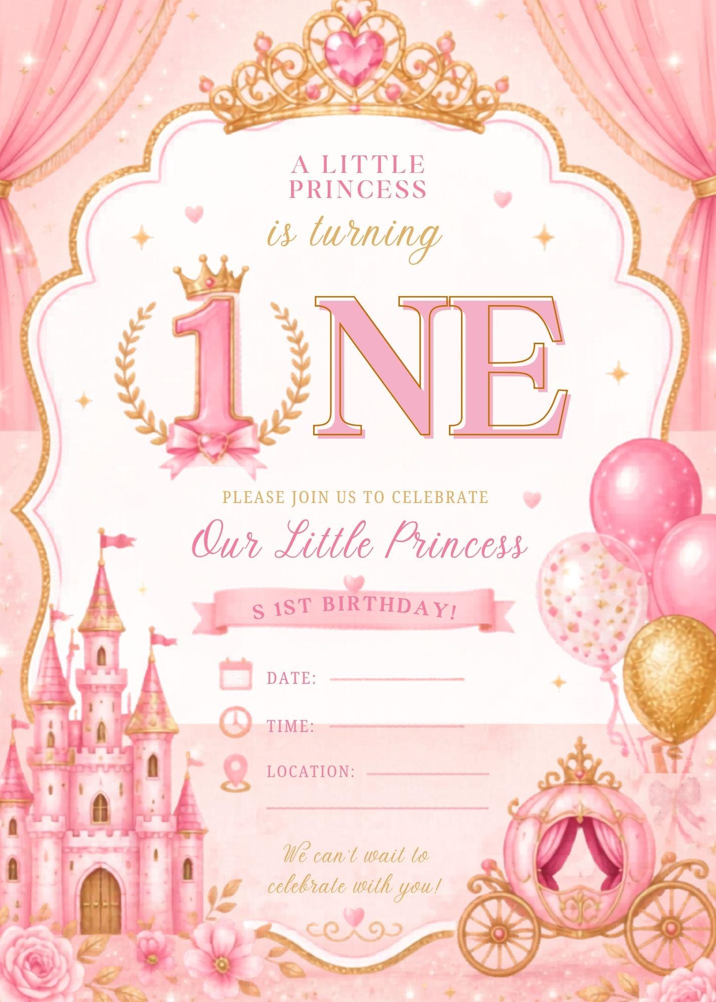 Princess 1st Birthday, Pink Princess, Editable Canva Digital Invite,