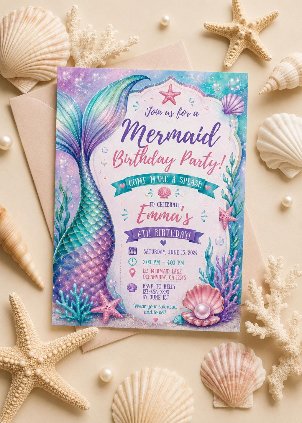 Mermaid Birthday Invitation, Under the Sea Party Template (Digital Download)