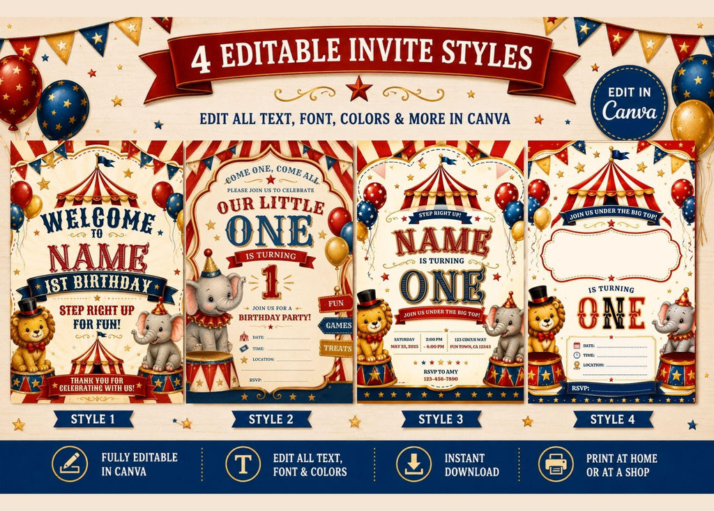 Vintage Circus First Birthday Invitation, Editable Canva Template (Digital Download)