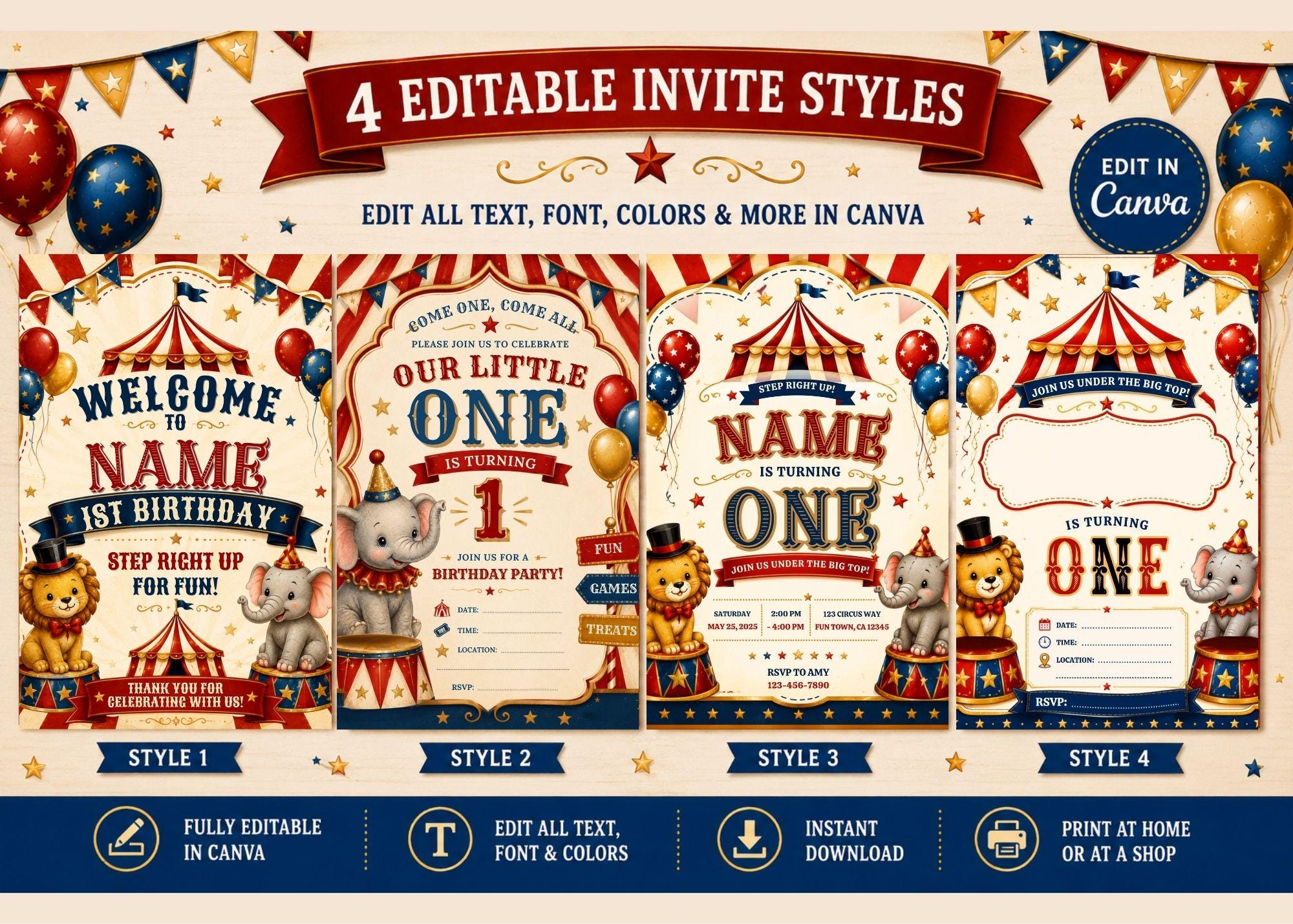 Vintage Circus First Birthday Invitation, Editable Canva Template (Digital Download)