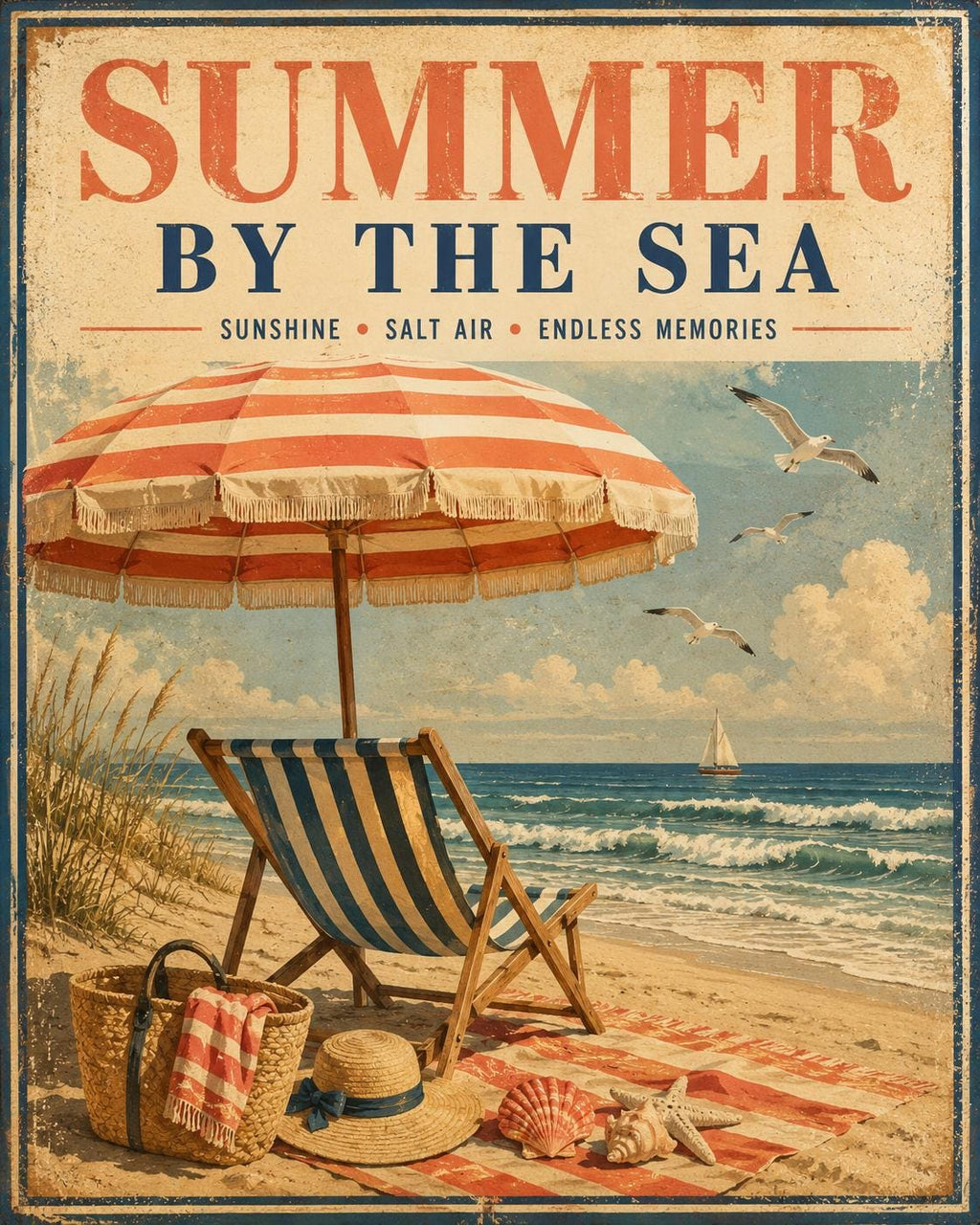 Set of 6 Vintage Beach Posters, Coastal Retro Summer Wall Art (Instant Download)