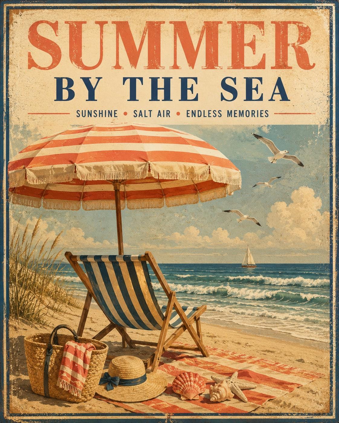 Set of 6 Vintage Beach Posters, Coastal Retro Summer Wall Art (Instant Download)