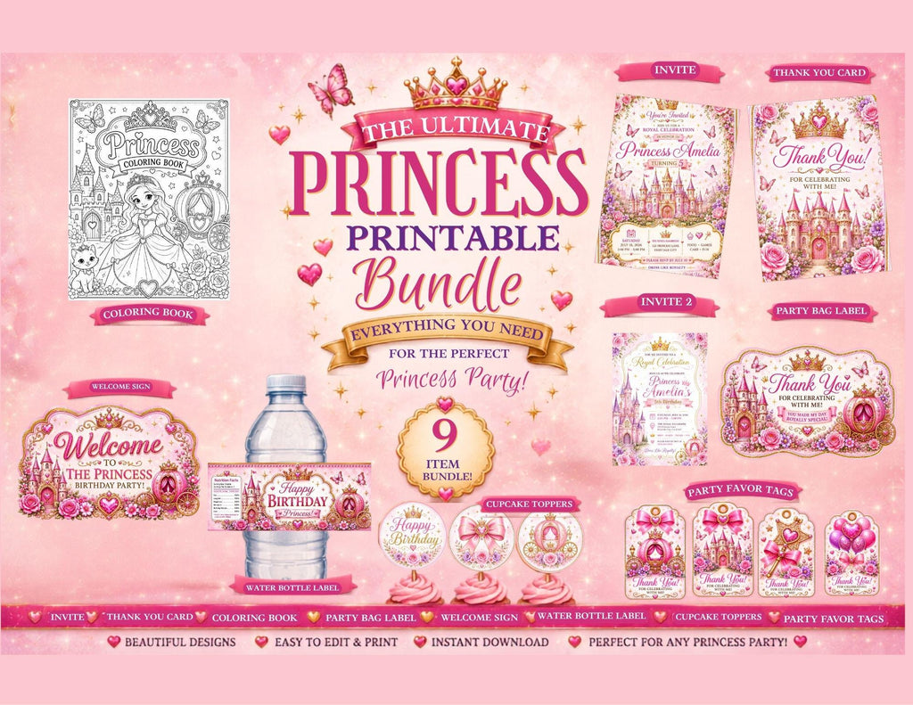 Princess Birthday Party Bundle | Editable Canva Templates (Digital Download)