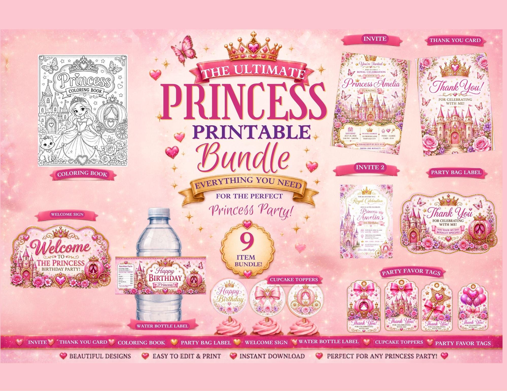 Princess Birthday Party Bundle | Editable Canva Templates (Digital Download)