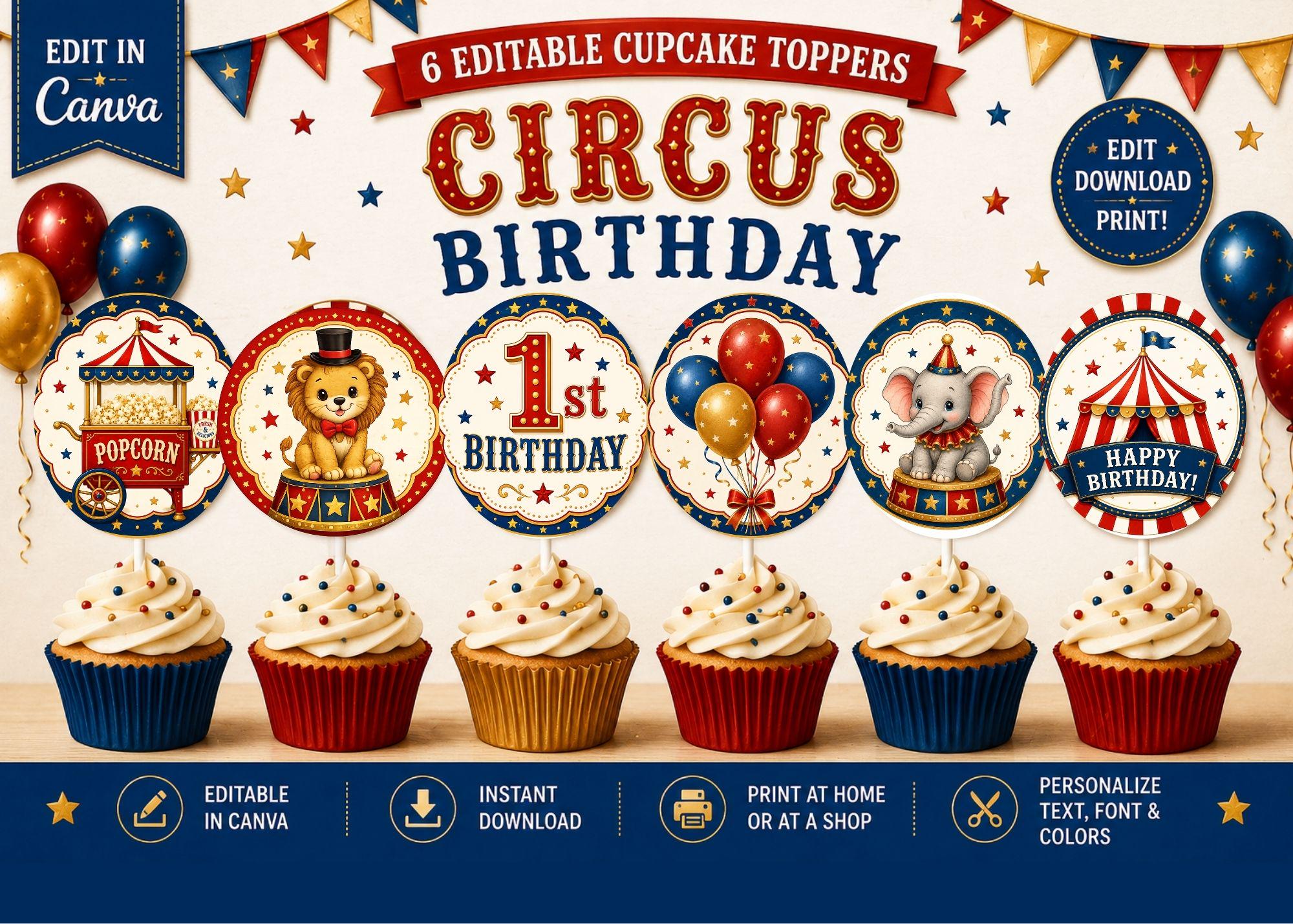 Vintage Circus First Birthday Invitation, Editable Canva Template (Digital Download)