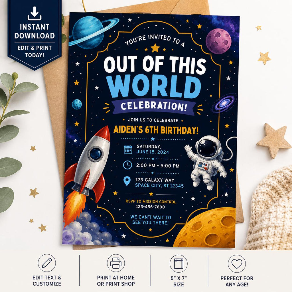 Space Birthday Invitation, Editable Canva Template, Rocket Astronaut Party Invite (5x7 Digital Download)