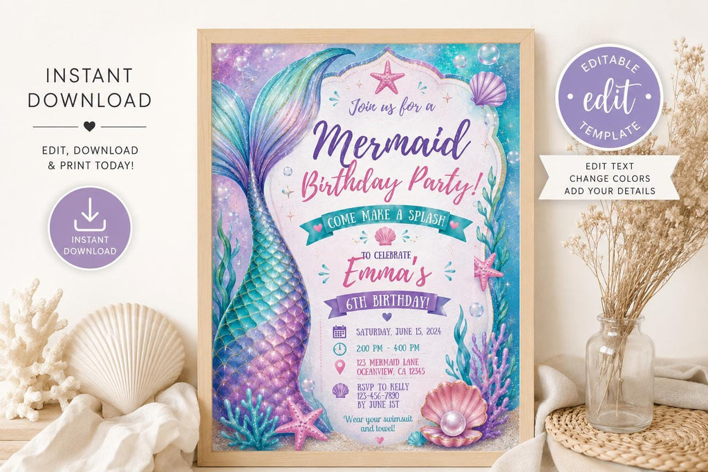 Mermaid Birthday Invitation, Under the Sea Party Template (Digital Download)