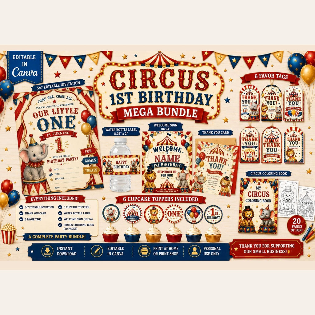 Vintage Circus First Birthday Invitation, Editable Canva Template (Digital Download)
