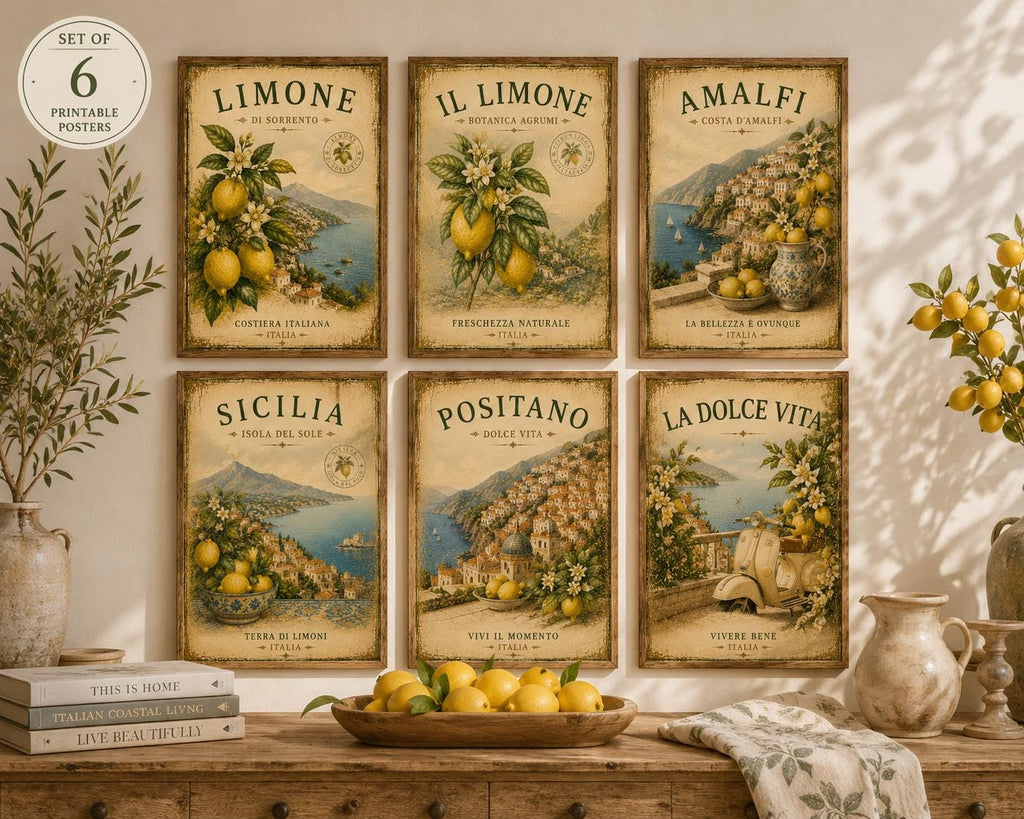 Set of 6 Vintage Italian Lemon Prints, Amalfi Coast Mediterranean Decor (Digital Download)