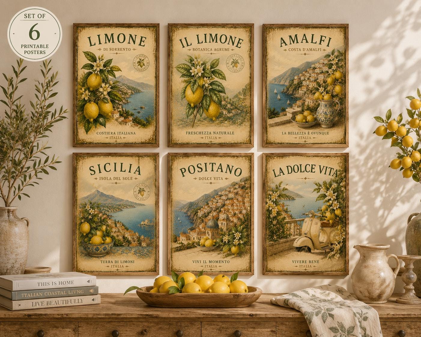 Set of 6 Vintage Italian Lemon Prints, Amalfi Coast Mediterranean Decor (Digital Download)