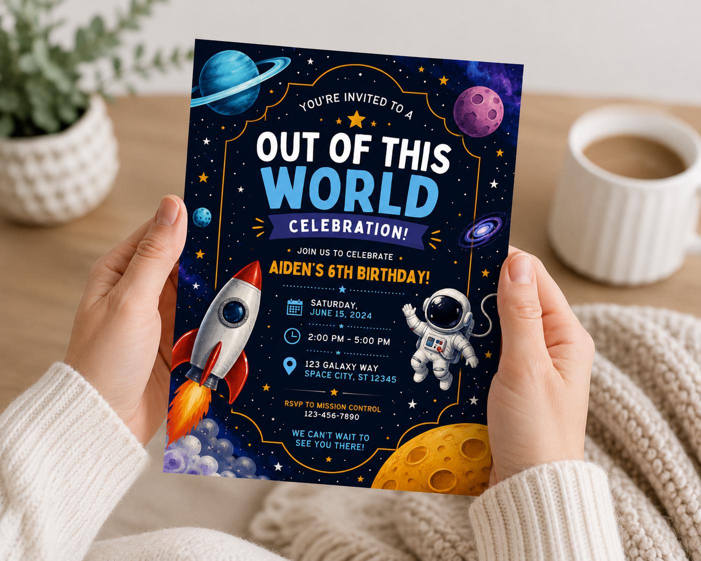 Space Birthday Invitation, Editable Canva Template, Rocket Astronaut Party Invite (5x7 Digital Download)