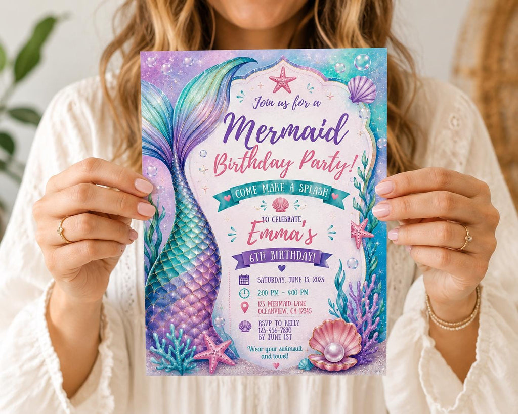 Mermaid Birthday Invitation, Under the Sea Party Template (Digital Download)