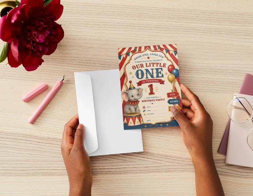 Circus 1st Birthday Invitation Template | Vintage Carnival Party Invite (Digital Download)