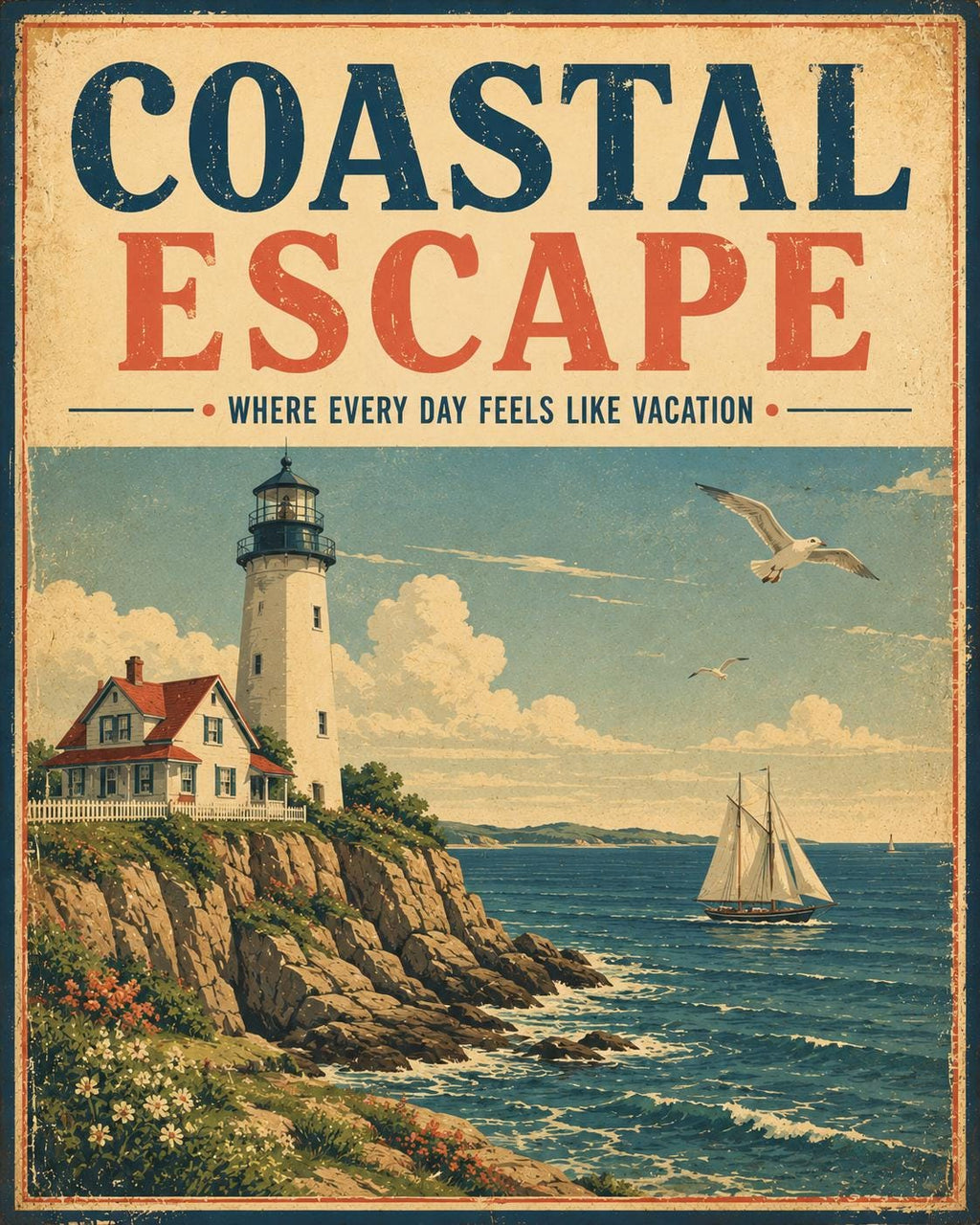 Set of 6 Vintage Beach Posters, Coastal Retro Summer Wall Art (Instant Download)