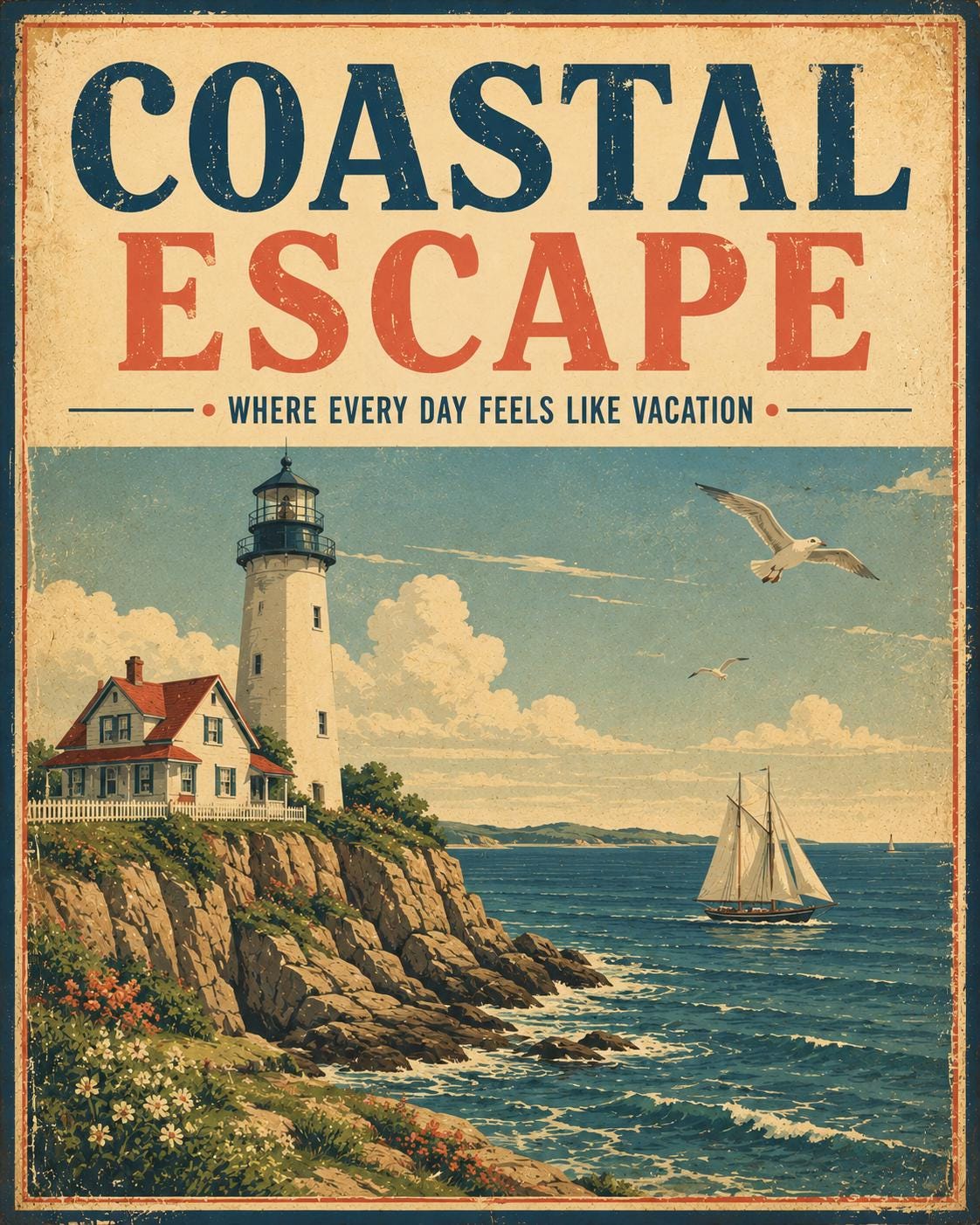 Set of 6 Vintage Beach Posters, Coastal Retro Summer Wall Art (Instant Download)