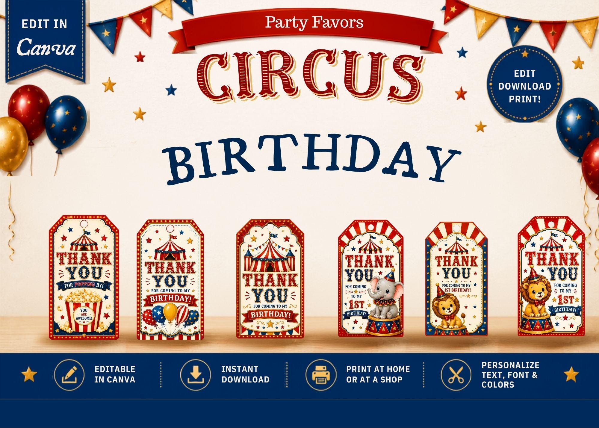 Vintage Circus First Birthday Invitation, Editable Canva Template (Digital Download)