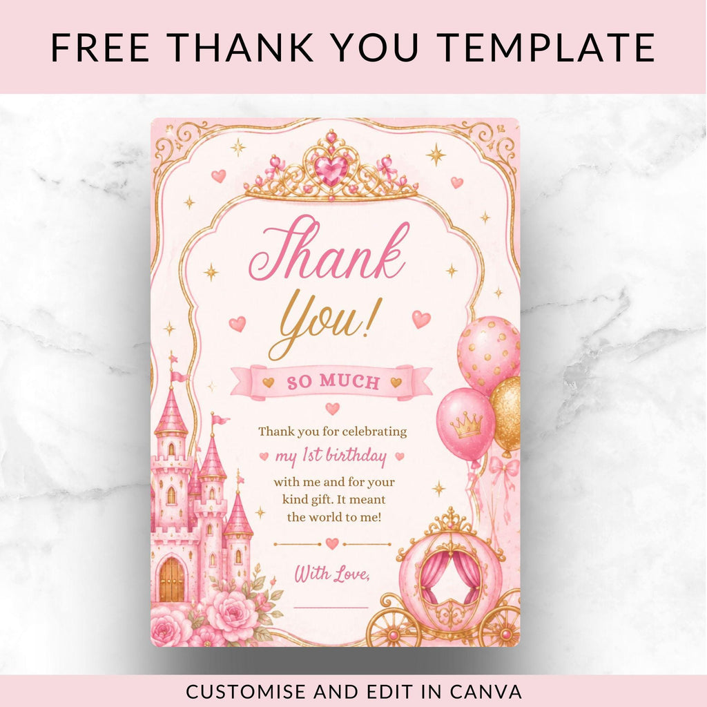 Princess 1st Birthday, Pink Princess, Editable Canva Digital Invite,