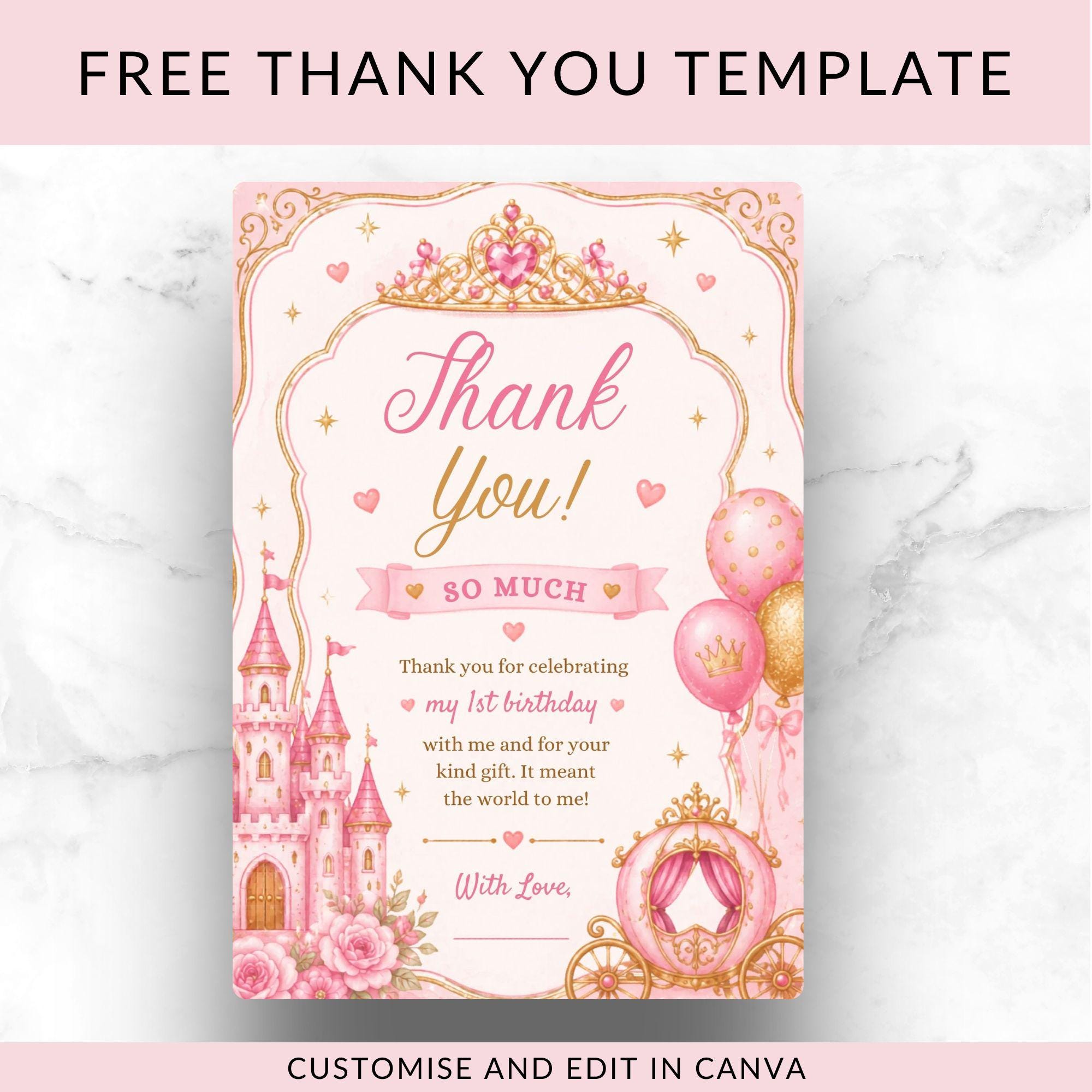 Princess 1st Birthday, Pink Princess, Editable Canva Digital Invite,