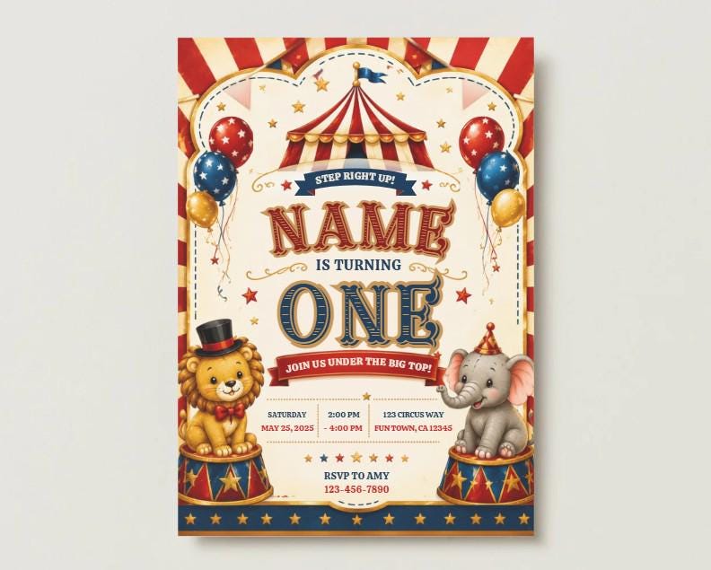 Circus 1st Birthday Invitation Template | Vintage Carnival Party Invite (Digital Download)