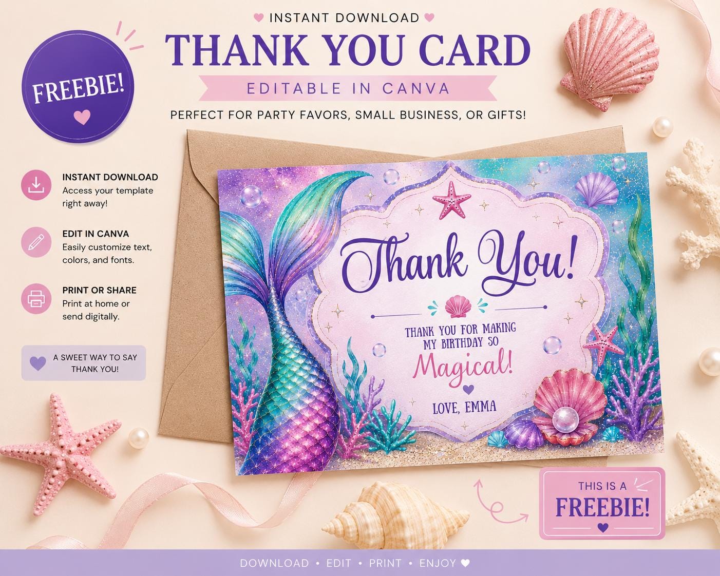 Mermaid Birthday Invitation, Under the Sea Party Template (Digital Download)