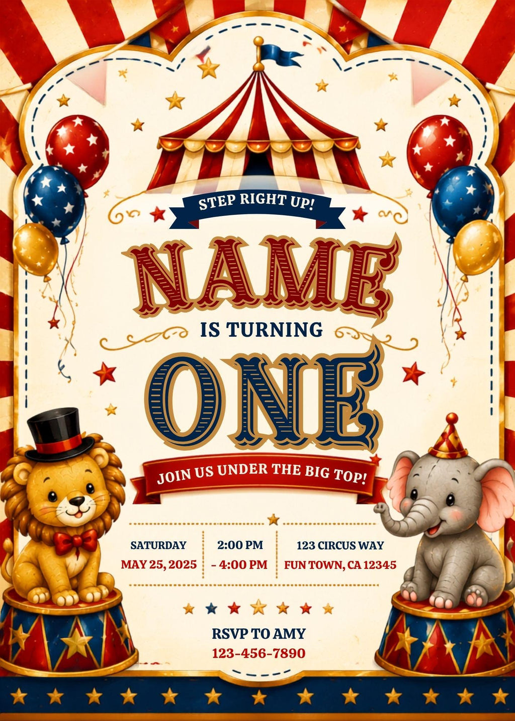 Circus 1st Birthday Invitation Template | Vintage Carnival Party Invite (Digital Download)