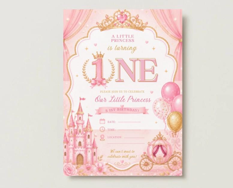 Princess 1st Birthday, Pink Princess, Editable Canva Digital Invite,