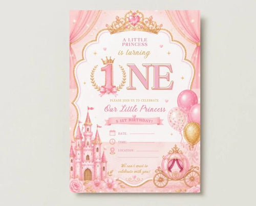 Princess 1st Birthday, Pink Princess, Editable Canva Digital Invite,